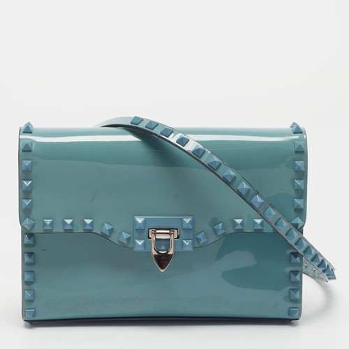 Valentino Rockstud Flap Blue Patent Leather Crossbody Bag