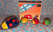 Vtg Tin Litho Clockwork Lady Bug Family Parade Retro Toy Wind-up, Box works M13