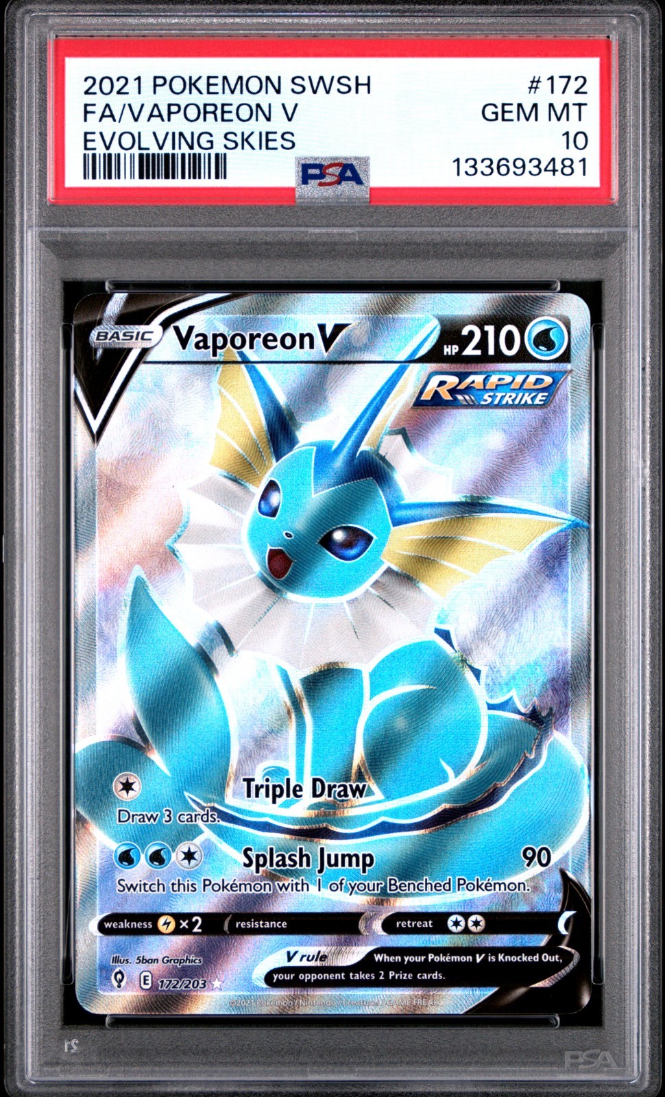 PSA 10 Vaporeon V Full Art Ultra Rare #172/203 Pokemon Evolving Skies