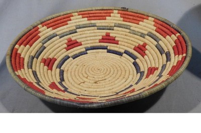 Papago Tohono O'Odham Tray Basket Polychrome Native American 15'' c1950 vintage