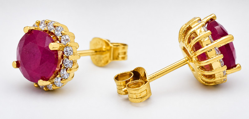 GENUINE 3.28 Cts RUBY &  W/SAPPHIRES STUD EARRINGS 14K YELLOW GOLD PLATED (.925)