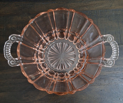 Vintage ANCHOR HOCKING Open Handled Bowl Old Cafe Pattern Pink Depression Glass 