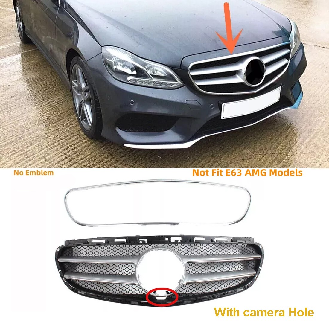 For Mercedes W212 E350 E550 2014-16 Front Grille Grill Silver Trim
