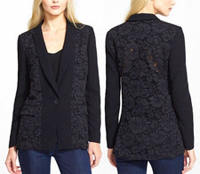 Rebecca Taylor Women's Black Floral Lace Accent One-Button Blazer with Pockets 6