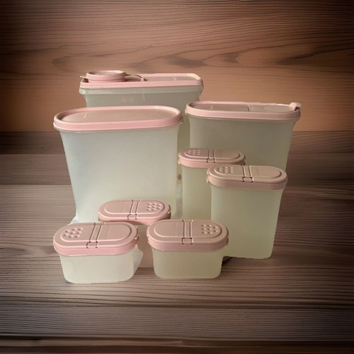 Lot 8 pieces of Vintage Tupperware Modular Mates w/Pink Lids Cereal Juice Spices