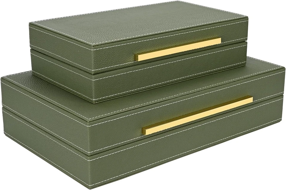 Green Shagreen Box Set of 2 Faux Leather Decorative Boxes,Large Nesting Storage - Image 4 of 4