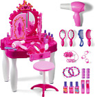 Pretend Play Girls Vanity Set with Mirror and Stool 21 Pcs - Kids Makeup Vanity