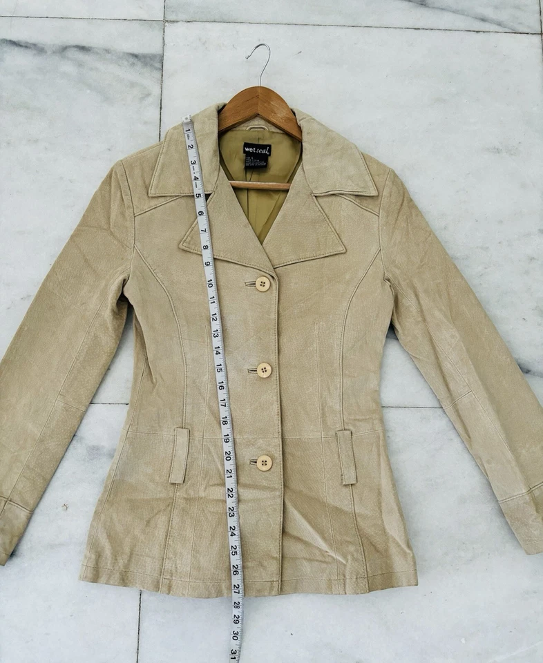 Chaqueta de Colección Años 90 Y2K Sello Húmedo Gamuza Cuero Beige Forrado Para Mujer S Western Hippie Foto 3 de 4