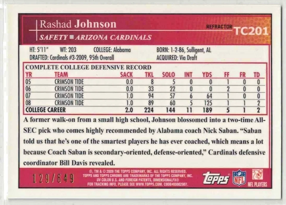 2009 TOPPS CHROME #TC201 RASHAD JOHNSON COPPER REF RC #'D 129/649 CARDINALS NFL - Image 2 of 2
