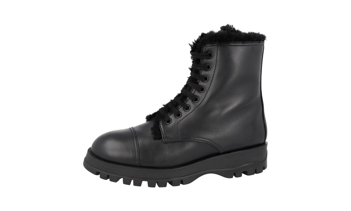 PRADA FUR LINED SHEARLING COMBAT HALF-BOOTS SHOES BLACK NEW PRADA FUR LINED SHEARLING COMBAT HALF-BOOTS SHOES BLACK NEW