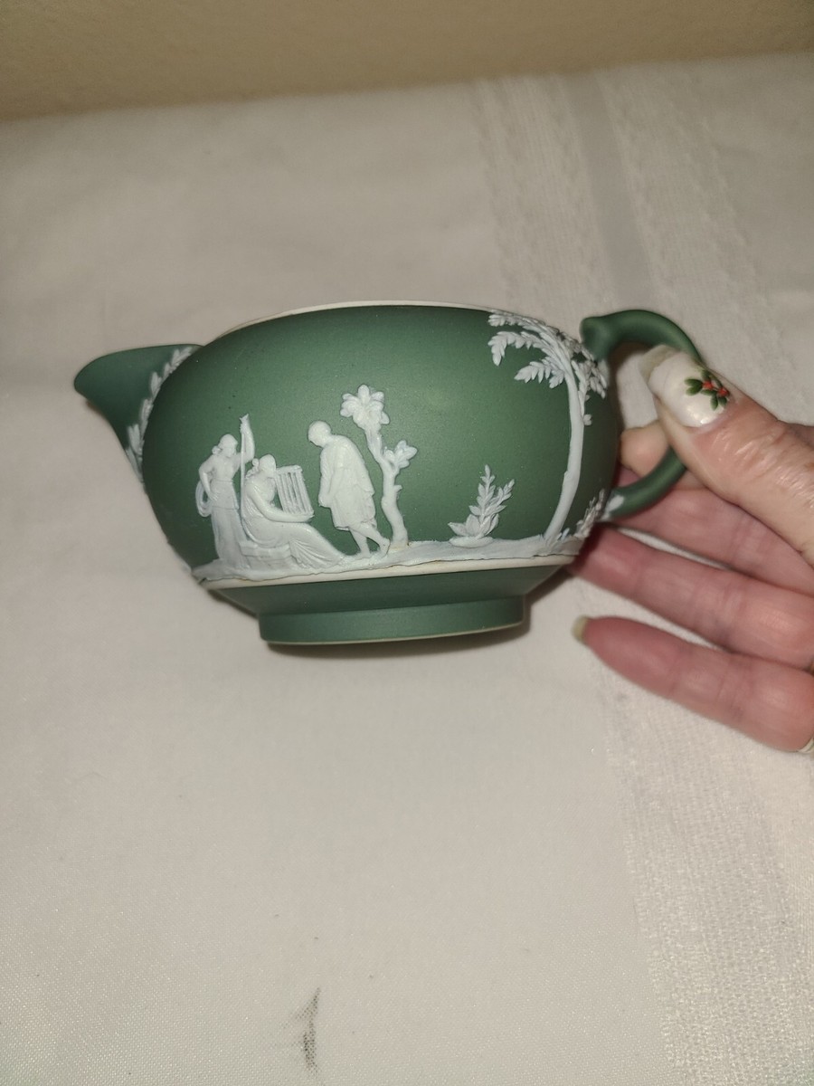 Antique Wedgwood Sage Green Jasperware Creamer Lidded Sugar Set