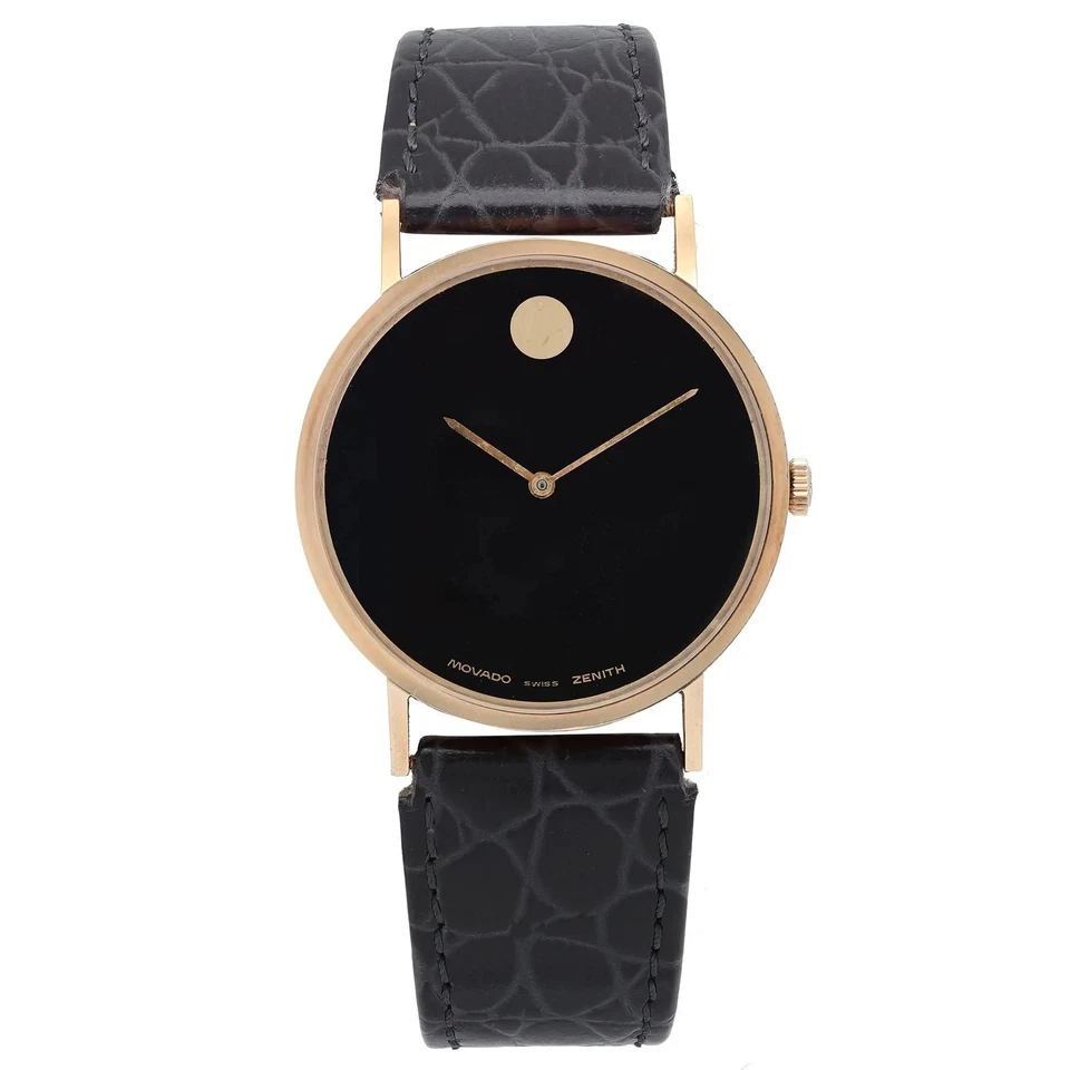 Reloj Movado Museum 33 mm oro amarillo 14K esfera negra Zenith cuerda manual vintage