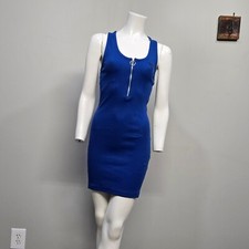 Guess Los Angeles Mini Tank Dress Medium Retro Y2K Blue Rib Knit 1/4 Zip Logo