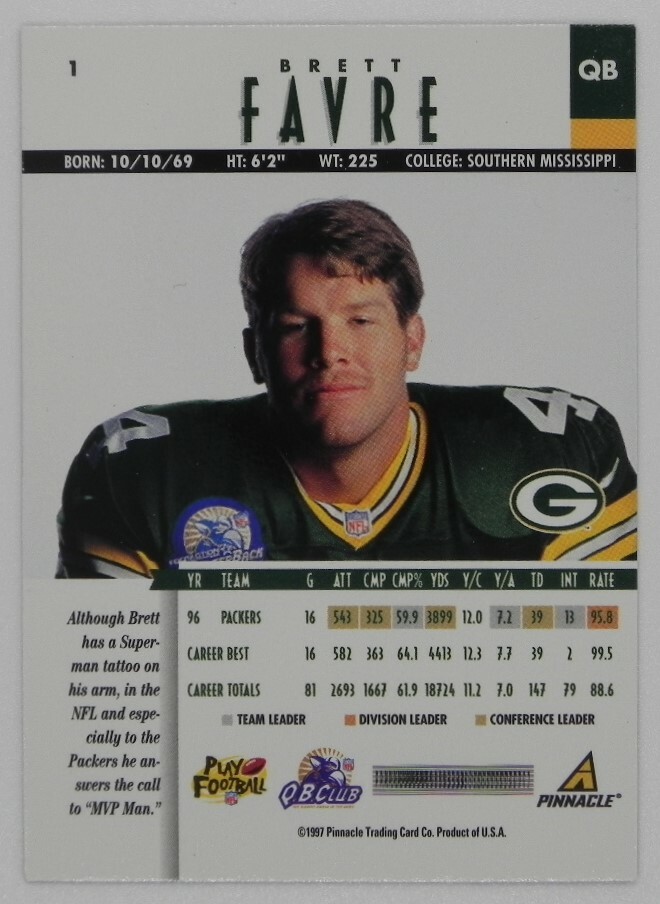 MVP SUPERMAN BRETT FAVRE GREEN BAY PACKERS 1997 PINNACLE CARD #1