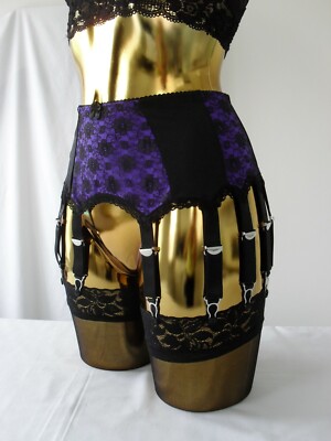 Large 14 Strap Purple Lycra Black Lace Designer Burlesque Sexy Suspender Belt