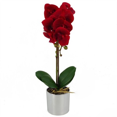 Künstliche Orchidee 46 cm rot Real Touch Blumen im silbernen Kunststofftopf - 7 Blumen