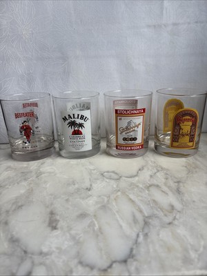 Rocks Old Fashioned Glasses. Malibu, Beefeater, Kahlua, Stolichnaya - Set of 4