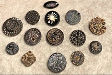 Antique Button Group Of 14 Lustered Black Glass & Enamel In Glass 3/8&rdquo;- 1&rdquo;