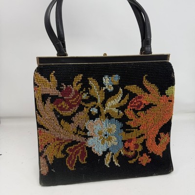 Vintage After Five L &M Black Floral Needlepoint Frame Handbag Gold Tone Handle