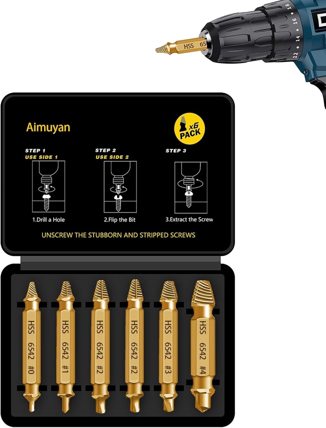 Stripped Screw Extractor Set - 6pc HSS 6542 Damaged Screw Remover Tool