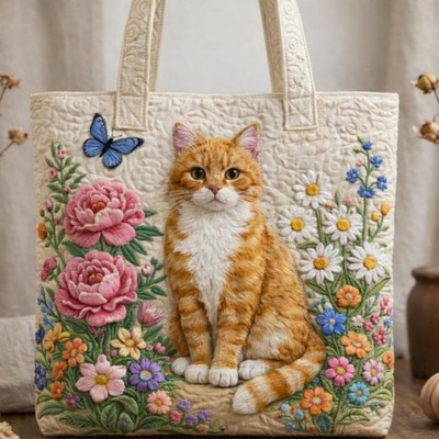 Quilted Cat Tote Bag Floral Design, Handmade Cotton Shopper Bag, Cute Animal Gif
