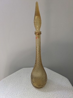 EMPOLI  ITALY GLASS AMBER 21.5  DIAMOND POINT GENIE BOTTLE DECANTER VTG MCM 