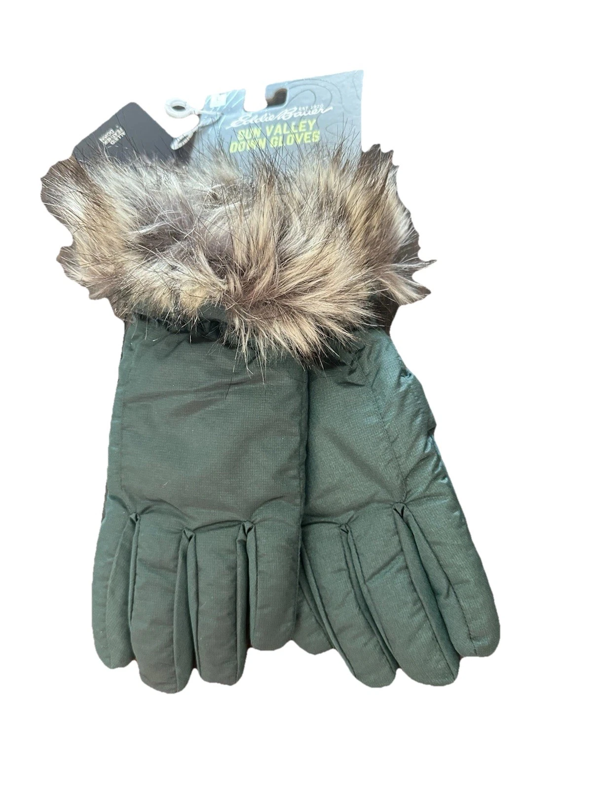 Women’s Eddie Bauer SunValley Down Gloves Green W/faux Fur Sz Large New W/tags
