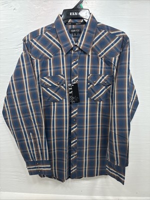 New Men s ELY 1878 Blue Brown Plaid Long Sleeve Pearl Snap XL T-35