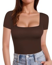 Mangopop T Shirt Soft Solid Womens Square Neck Shirts Long Tops Fitted Tees