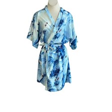 Japanese Kimono Robe Blue Cotton Vintage Casual Pagoda Birds Lightweight