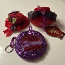 Vintage Lot: 2 Red Hat Society Lady Fabric Ornaments & Beaded coin purse