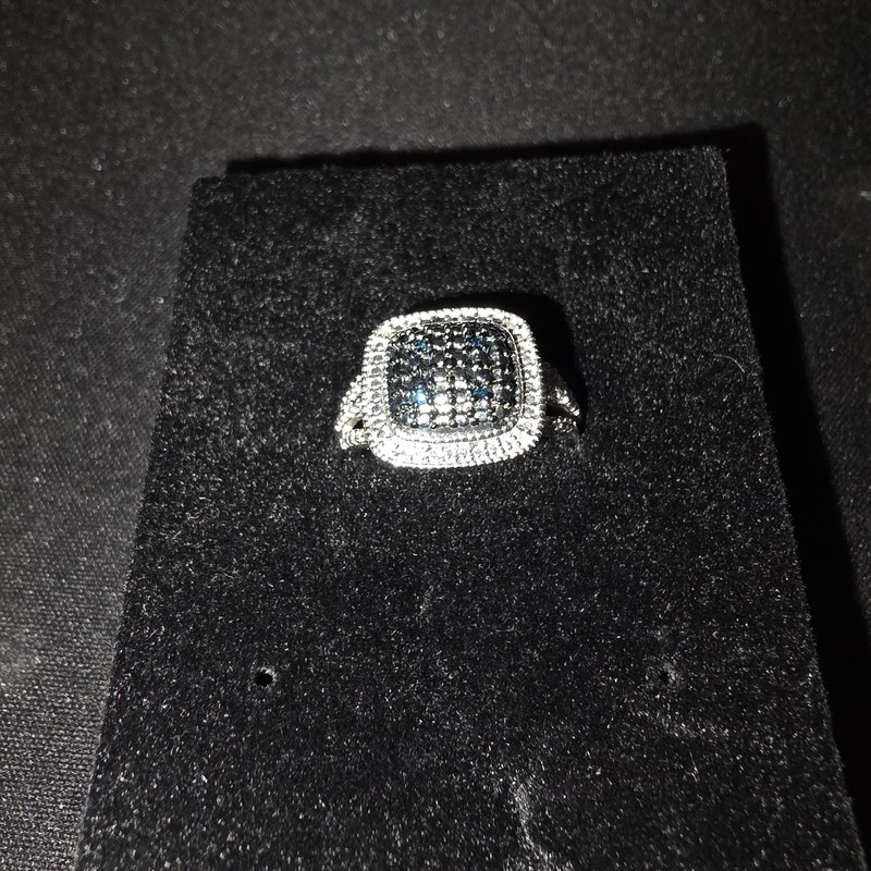 Cushion Cut Blue Diamond Accented Ring Rhodium Overlay Size 7.25 new