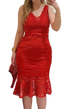 Lipsy Red Lace Bodycon Midi Dress 16 Party Evening Wedding Occasion V Neck Races