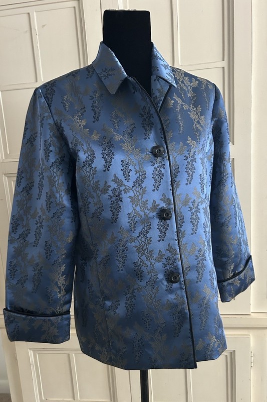 Vtg. Susan Bristol-Blue Jacquard-Black Satin Trim-Asian Inspired Jacket-Sz.10