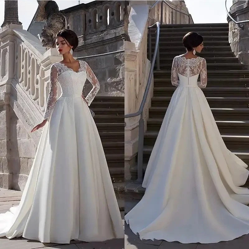 ebay long sleeve wedding dress Luxury A Line Wedding Dresses Bridal Gowns Sheer V Neck Long Sleeves Wedding
