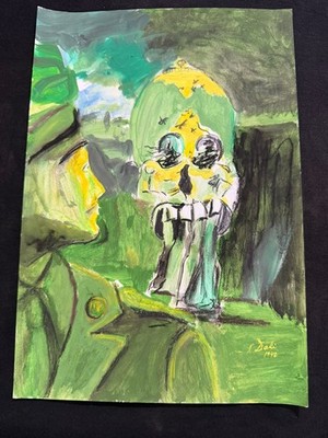 SALVADOR DALI   drawing and painting on old paper signed stamped vintage