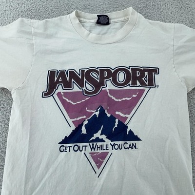 Vtg JanSport Shirt Mens Medium White Get Out While You Can Backpack USA 90s Hike
