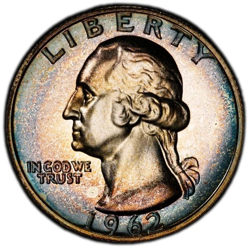 PR65 1962 25C Washington Silver Proof Quarter, PCGS Trueview- Rainbow Toned