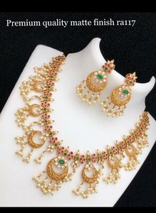 Authentic Indian matt finish Gold Plated Floral theme, CZ stone choker jewellery set