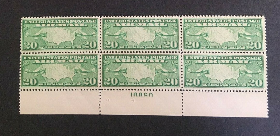 C9 BOTTOM PB #18890 1927 20 cent PLANES AND MAP plate block of 6