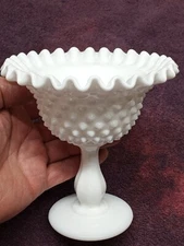 Vintage WHITE HOBNAIL MILK GLASS FLUTED RUFFLED COMPOTE DISH 6in Pedestal Base