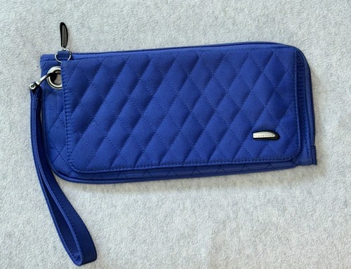 TRAVELON QUILTED FABRIC ANTI-THEFT CLUTCH WALLET WRISTLET BLUE LIME GREEN - Picture 4 of 16