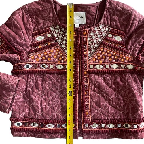 GUESS Liberty Embroidered Quilted Jacket Quilted Boho Burgundy Liberty 3/4 Small - Picture 6 of 14