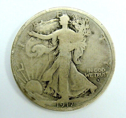 1917 D ON OBV VG SILVER WALKING LIBERTY HALF DOLLAR,  FREE SHIPPING