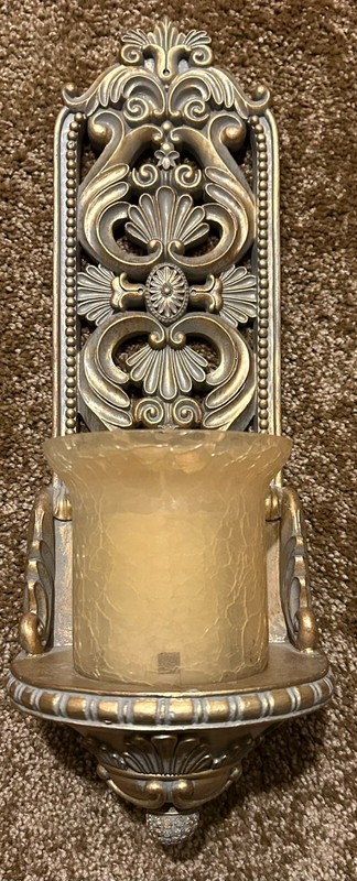 Ornate Gold-Tone Wall Candle Sconce w/Flameless Candle & Remote