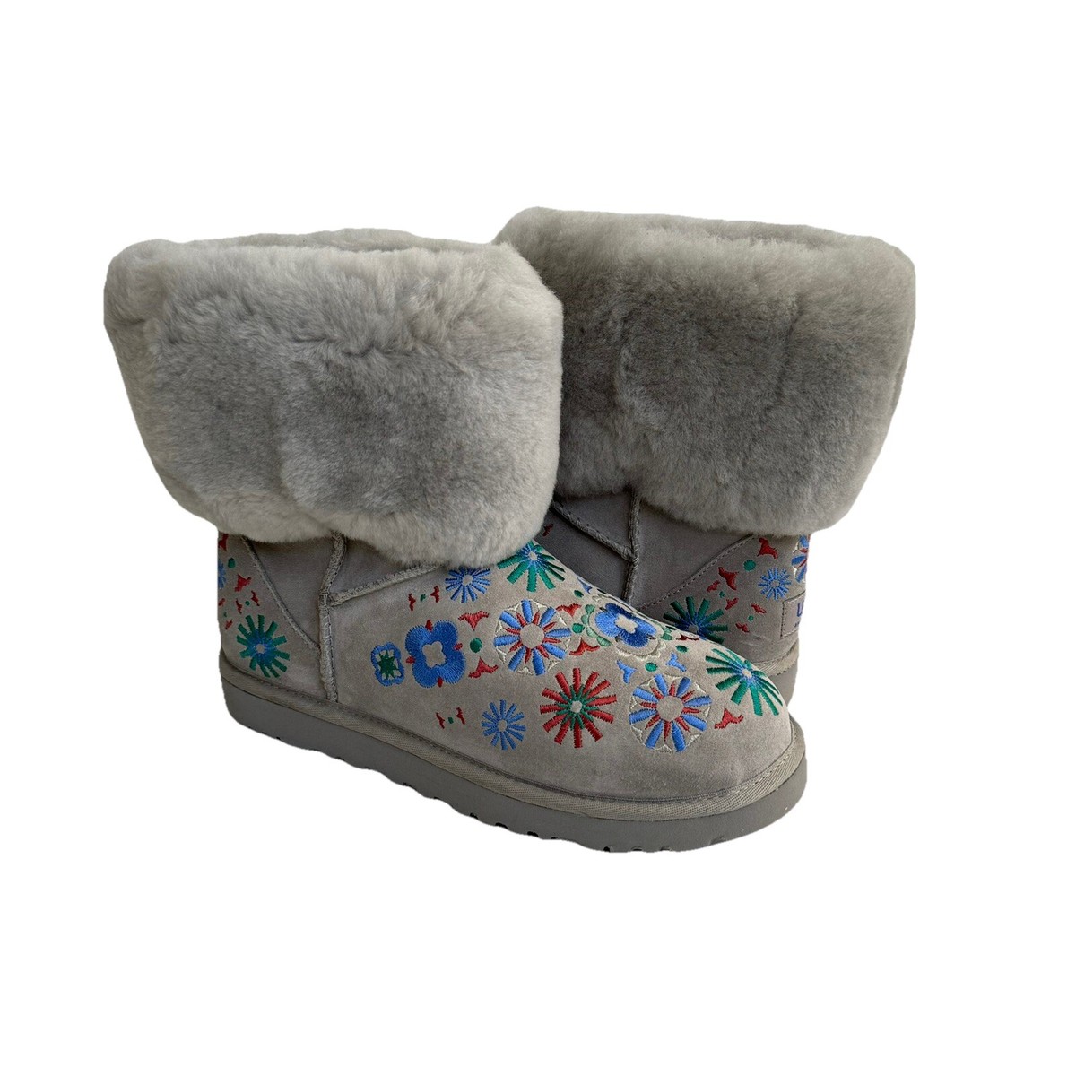 ☆美品☆ UGG W CLASSIC MINI II 25cm グレー花柄 UGG CLASSIC MINI EMBROIDERY MID SEAL MULTI FLORAL BOOT US 7 / EU