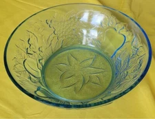 Clear Blue Glass Serving Bowl fruit design 8-5/8 x 3.5"