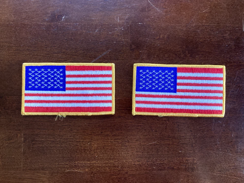 American Flag Patch embroidered Gold Border USA Lot of 2 Patches 4.5 x 2.5 in - Image 2 of 4