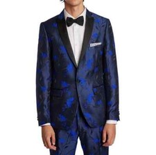 Men's Paisley Gray Slim Fit Blue Floral Suit Blazer Tuxedo Jacket Size 38 40