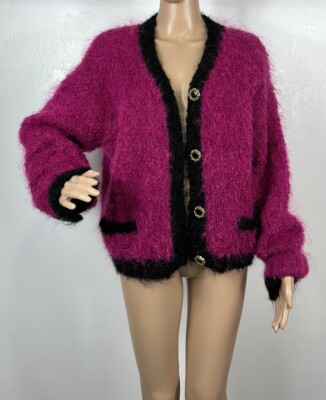 Fenn Wright Manson Mohair Blend Fuchsia and Black Open Front Cardigan  Size S